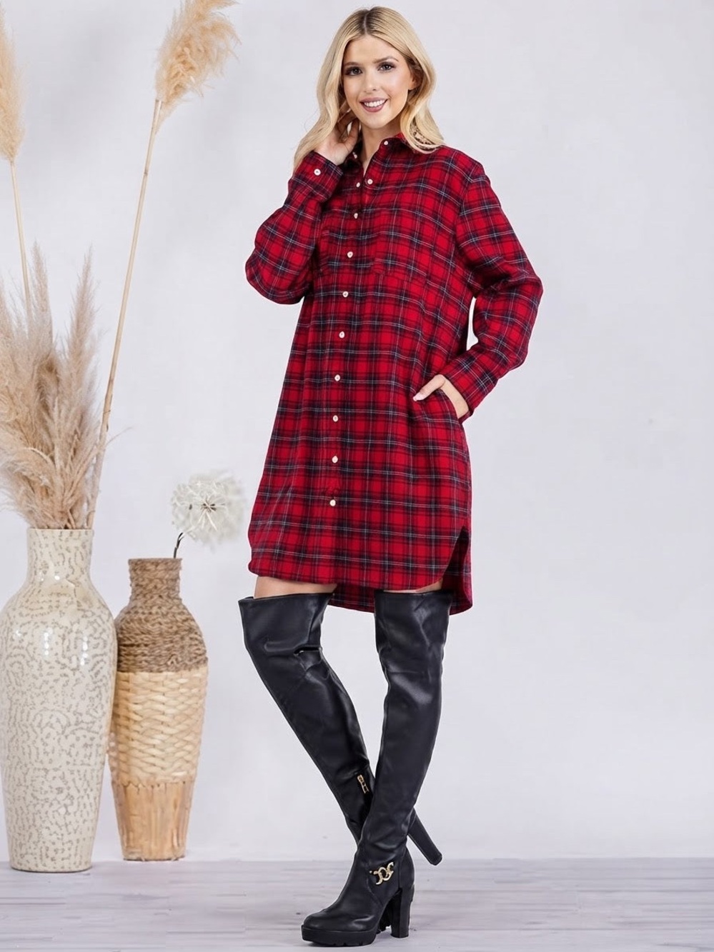 Oversized Flannel Top Dress with Lace Detail